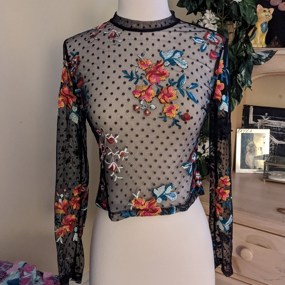 Embroidered Multi-color Flower Mesh Top - Picture 4 of 4